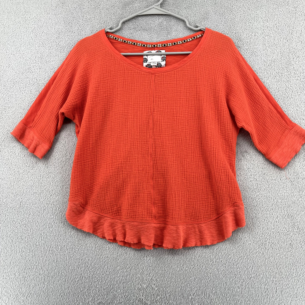 Anthropologie Postmark Top Womens Small Orange Crinkle Gauze Front Raw Edge Boho
